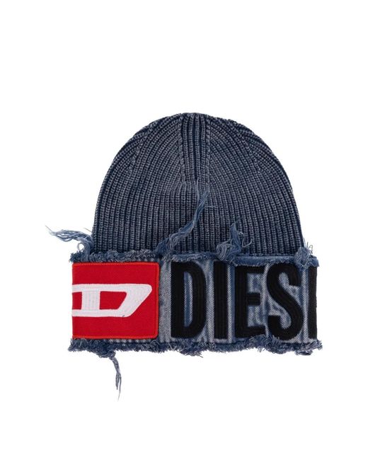 DIESEL Blue Denim Effect Beanie With Bold Patch Detail