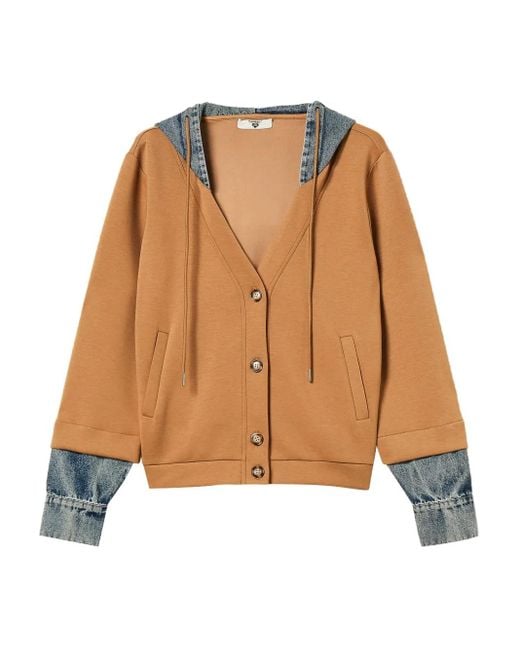 Twinset Brown Scuba Denim-Insert Hooded Jacket