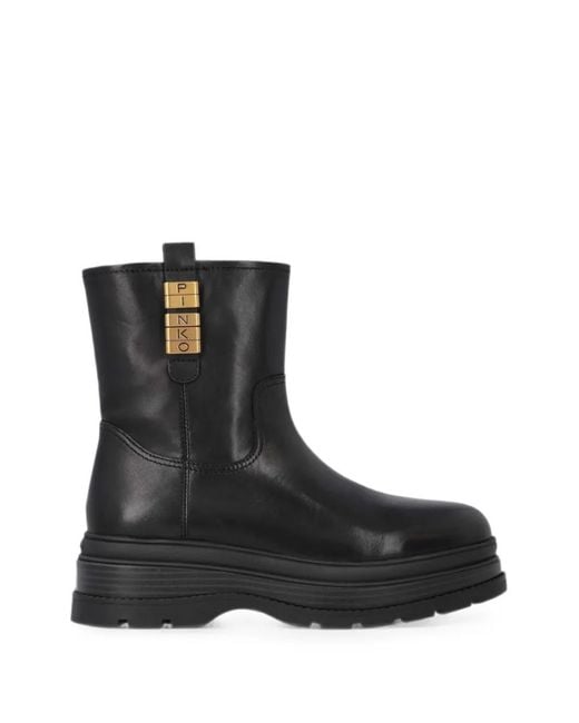 Pinko Black Logo-Plaque Leather Ankle Boots