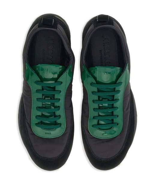 Ferragamo Black And Forest Green Panelled Lace-up Sneakers - Men's - Fabric/calfskin for men