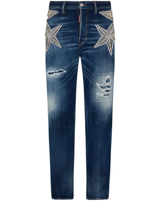 DSquared² Blue Star-embellished Straight-leg Jeans for men