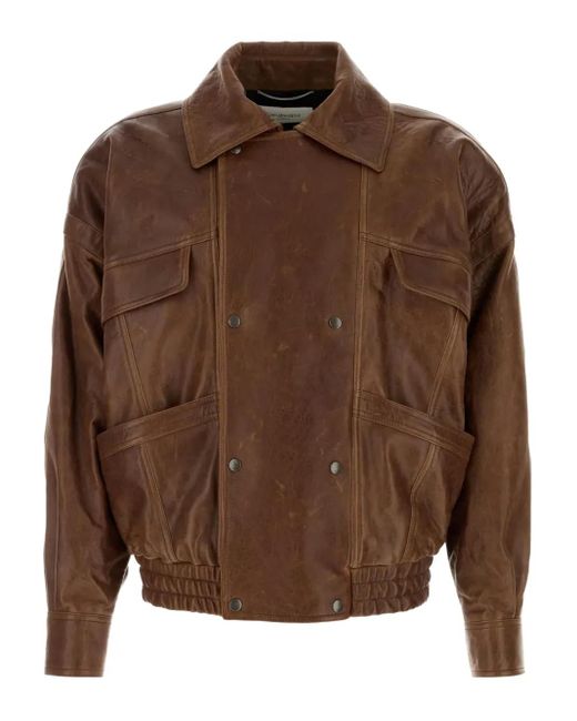 Saint Laurent Brown Double-Breasted Pocket-Leather Jacket for men