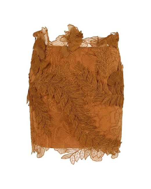 Alberta Ferretti Brown Floral-Embroidered Lace Mini Skirt