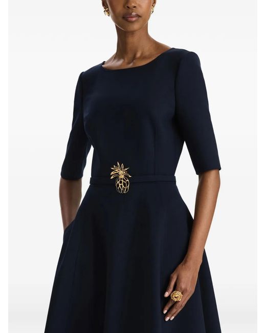 Oscar de la Renta Blue Pineapple-Belt Wool Dress