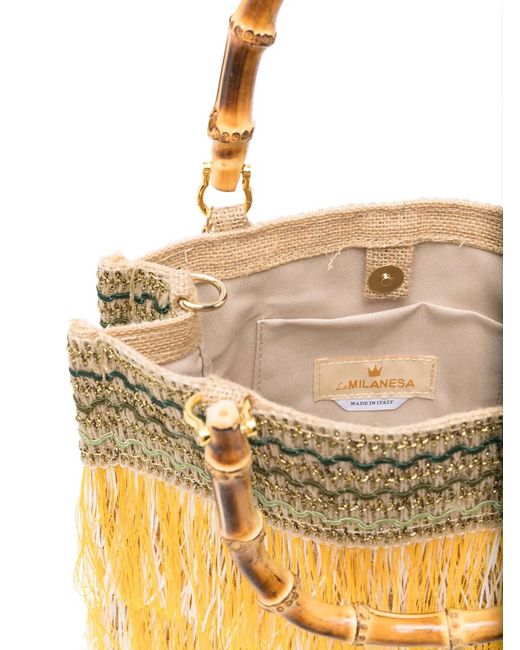 La Milanesa Yellow Medium Orchidea Fringed Bamboo-Handle Tote Bag
