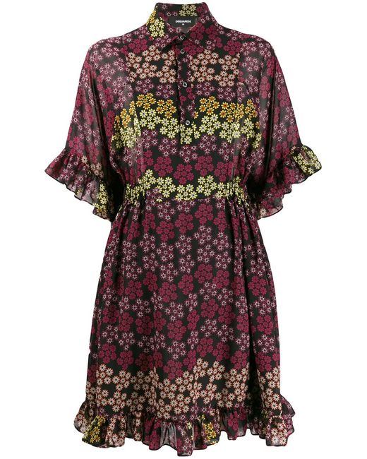 DSquared² Red Floral Print Shirt Dress