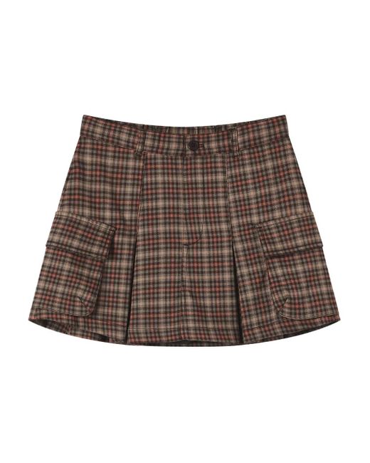 Chocoolate Brown Checked-Pattern Pleated Mini Skirt