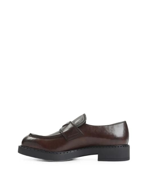 Prada Brown Logo-Plaque Calf Leather Loafers for men