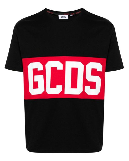 Gcds Black Cotton T-Shirt With Logo Print for men