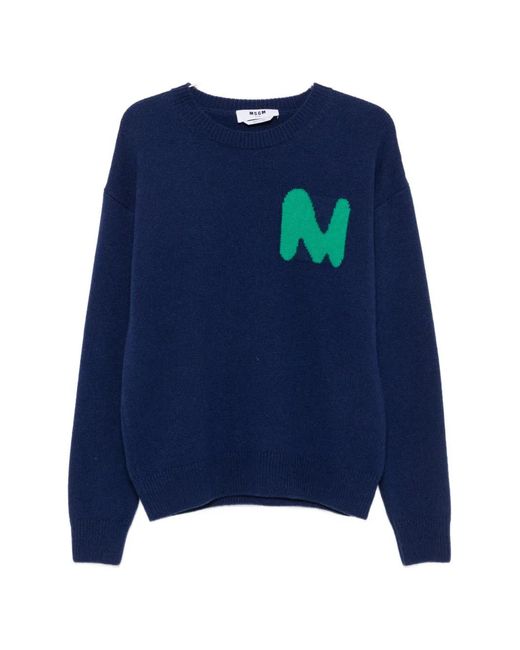 MSGM Blue Intarsia-Knit Logo-Embroidered Sweater for men