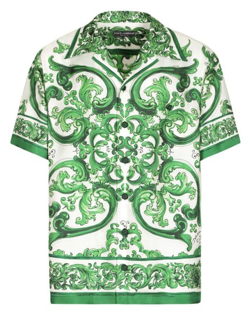 メンズ Dolce & Gabbana Majolica-print Silk-twill Shirt Green