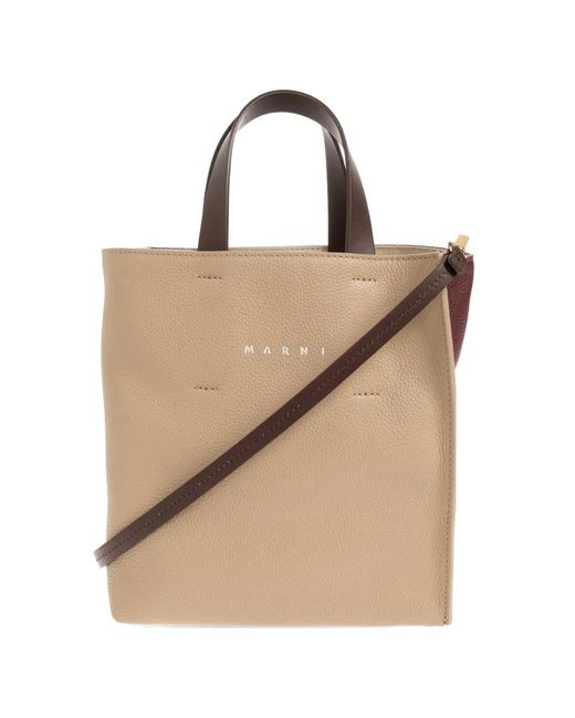 Marni Natural Mini Museo Logo-Print Pebbled-Leather Tote Bag