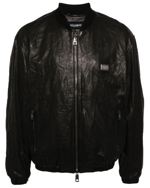 Dolce & Gabbana Black Crinkled Leather Bomber Jacket for men