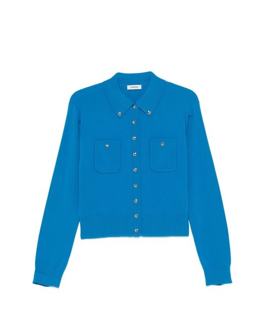 Sandro Blue Button-Down Shirt-Collar Cardigan