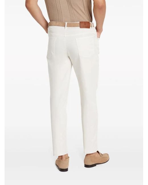 Brunello Cucinelli White Gabardine Cotton Trousers for men