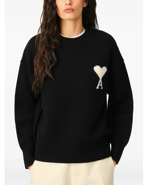 AMI Black Crewneck Wool Sweater With Ami De Coeur