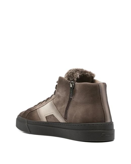 Santoni Brown Leather Shearling Sneakers for men