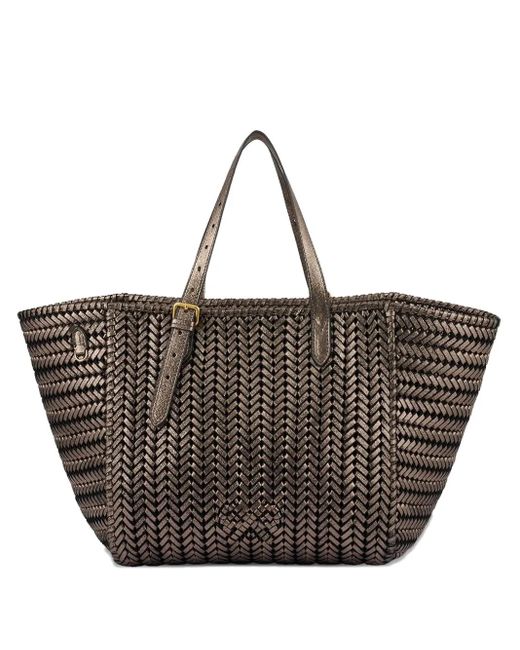 Anya Hindmarch Black Neeson Square Herringbone-Weave Leather Tote Bag