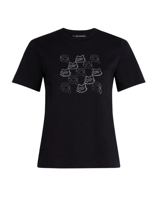 Karl Lagerfeld Black Rhinestone Cat-Face T-Shirt