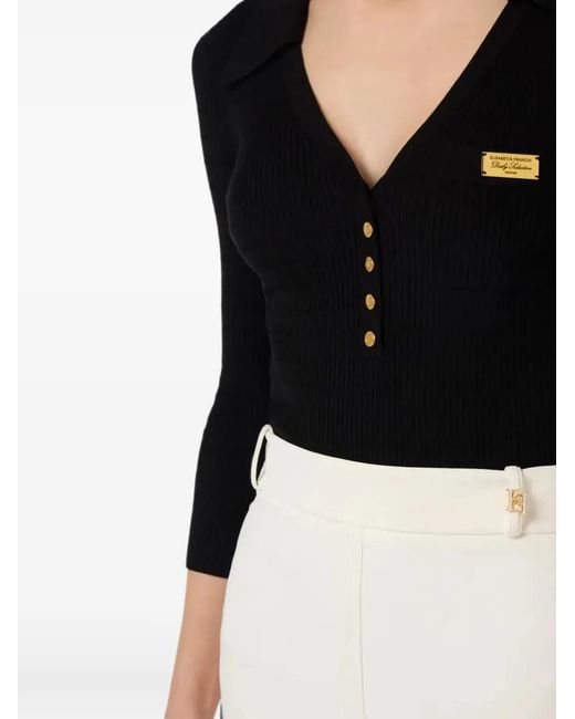 Elisabetta Franchi Black Micro‑Braided Ribbed‑Knit Polo Top