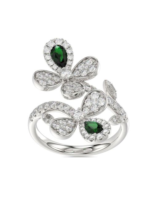 Marchesa Gray 18kt White Gold Floral Emerald And Diamond Ring