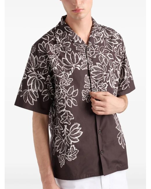 Prada Black Cotton Printed Bowling Shirt for men