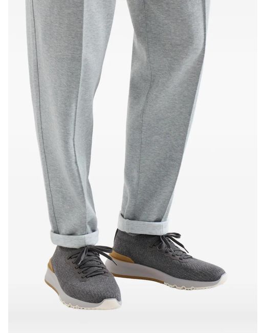 Brunello Cucinelli White Cotton Knit And Semi-Polished Calfskin Runners for men