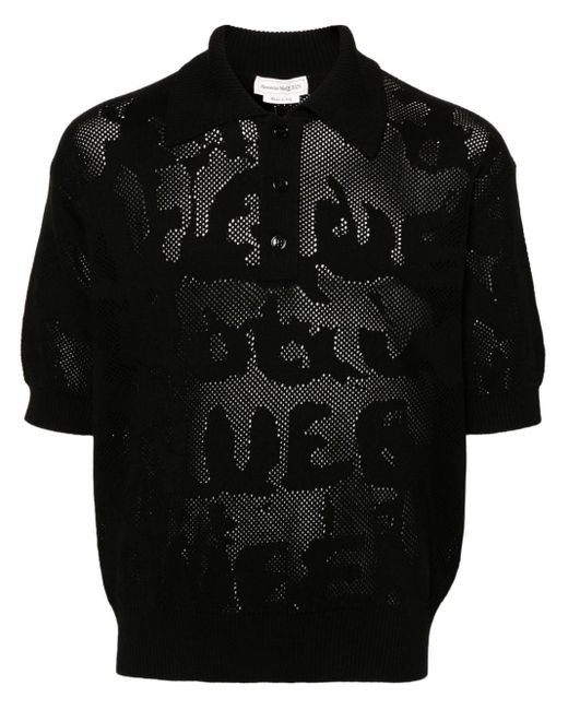 Alexander McQueen Black Open-knit Cotton Polo Shirt for men