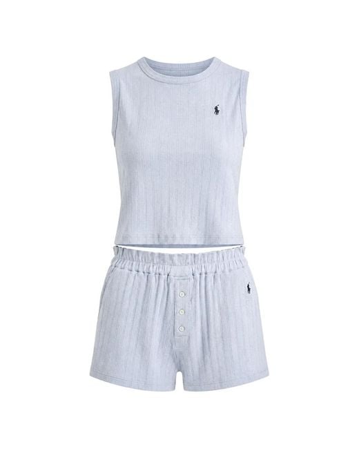 Polo Ralph Lauren Blue Ribbed-Knit Logo-Embroidered Pajamas