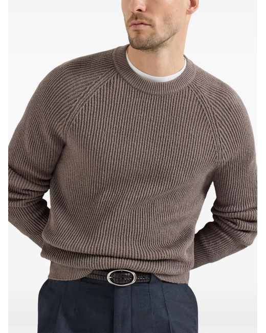 Brunello Cucinelli Gray Malfilé Cotton English Rib Sweater With Raglan Sleeves for men