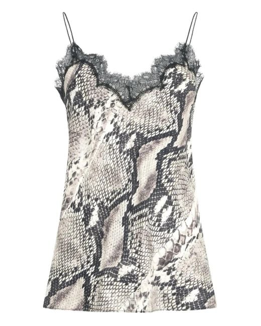 Roberto Cavalli Gray Snake-Print Lace-Trimmed Top
