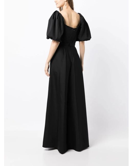 Alberta Ferretti Black Pleat-Detail Puff-Sleeves Gown