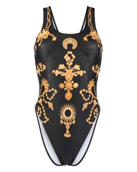 MARINE SERRE Black Ornament Print Swimsuit
