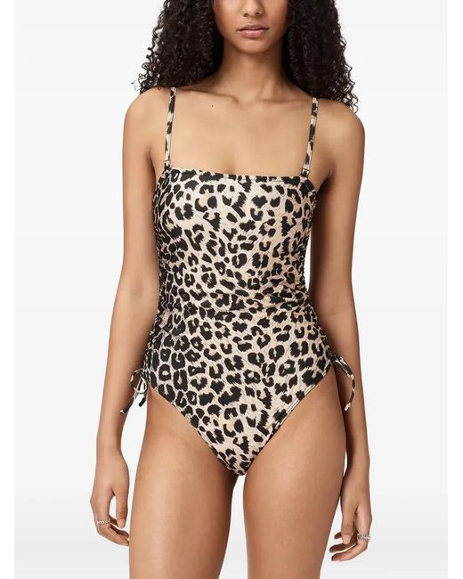 AllSaints Black Court Leopard-Print Ruched Swimsuit