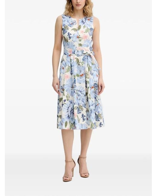 Ouí Blue Floral-Print Belted Midi Dress