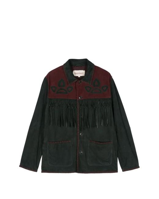 BAZISZT Black Paneled Fringed Shirt Leather Jacket for men