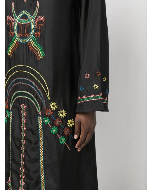 Muzungu Sisters Black Embroidered Split-Neck Silk Dress