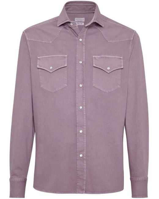 Brunello Cucinelli Purple Spread-collar Cotton Shirt for men