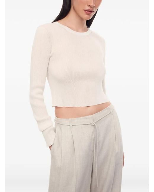 12 STOREEZ White Lattice Ribbed-Knit Cropped Sweatshirt