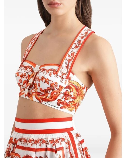 Dolce & Gabbana Red Majolica-Print Poplin Bustier Top