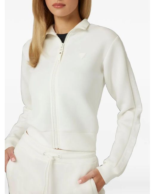 Guess White Logo-Patch Zip-Up Sweatshirt