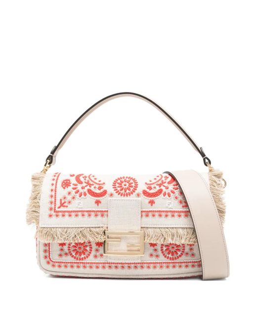 Fendi Pink Baguette Embroidered Fringed Tote Bag