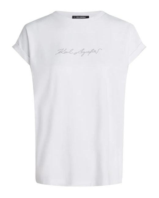 Karl Lagerfeld White Signature T-Shirt mit Strass