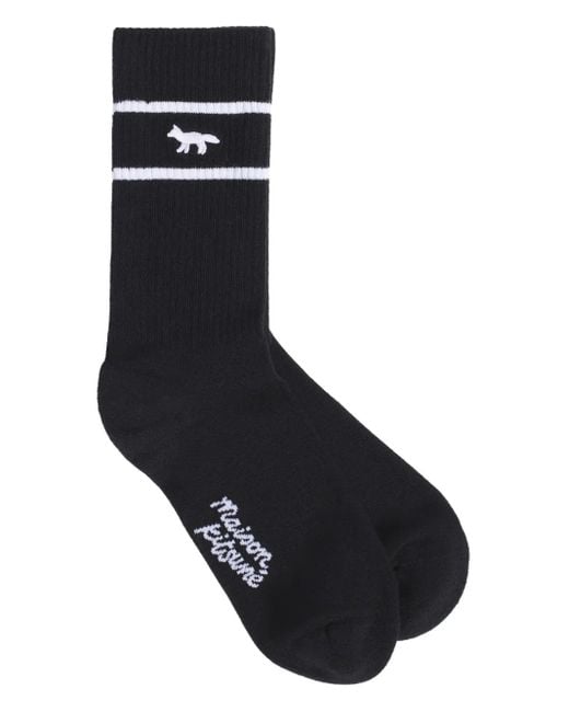 Maison Kitsuné Black Profile Fox-Embroidered Striped Socks for men
