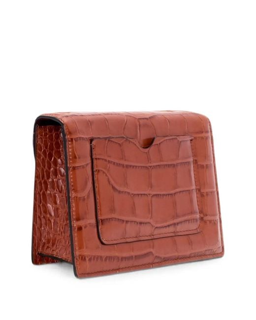 Oscar de la Renta Brown Mini Tro Crocodile-Effect Floral-Appliqué Cutch Bag