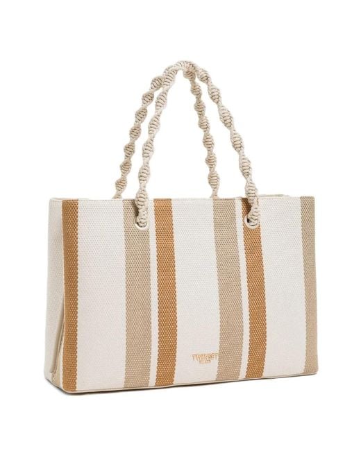 Twinset White Striped Twisted Handle Tote Bag