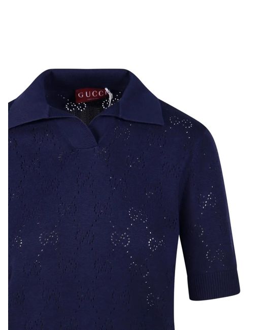Gucci Blue Gg Pointelle Polo Top