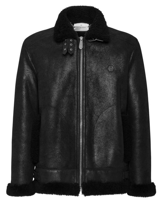 Philipp Plein Black Shearling Biker Jacket for men