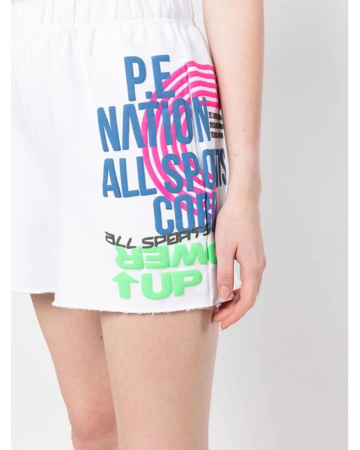 P.E Nation White Slogan-Print Elasticated-Waist Shorts