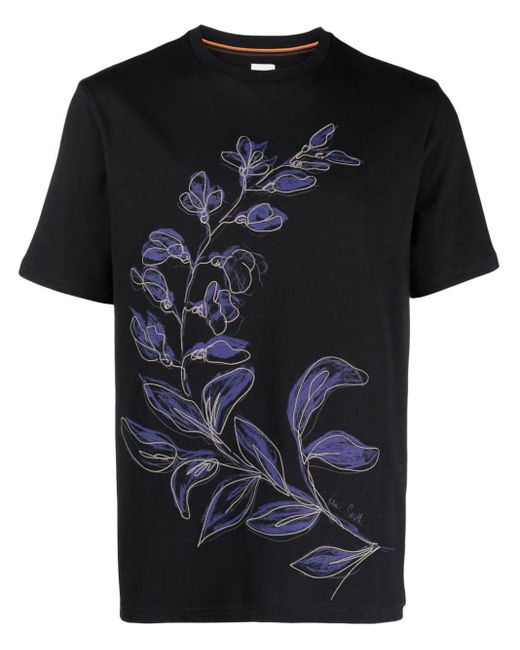 Paul Smith Black Floral-print Cotton T-shirt for men